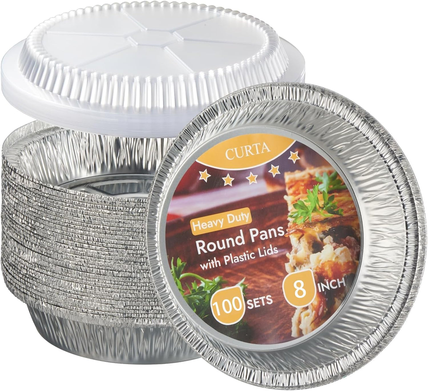 CURTA 8in Round Aluminum Foil Pans with Lids for Baking & Roasting