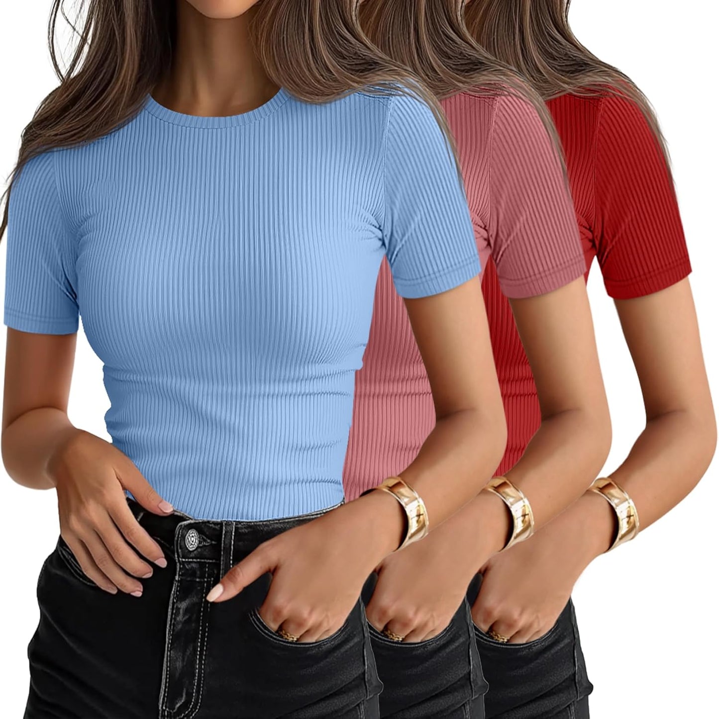 Ficerd 3 Pack Women's Ribbed T-Shirts for Casual Summer Style