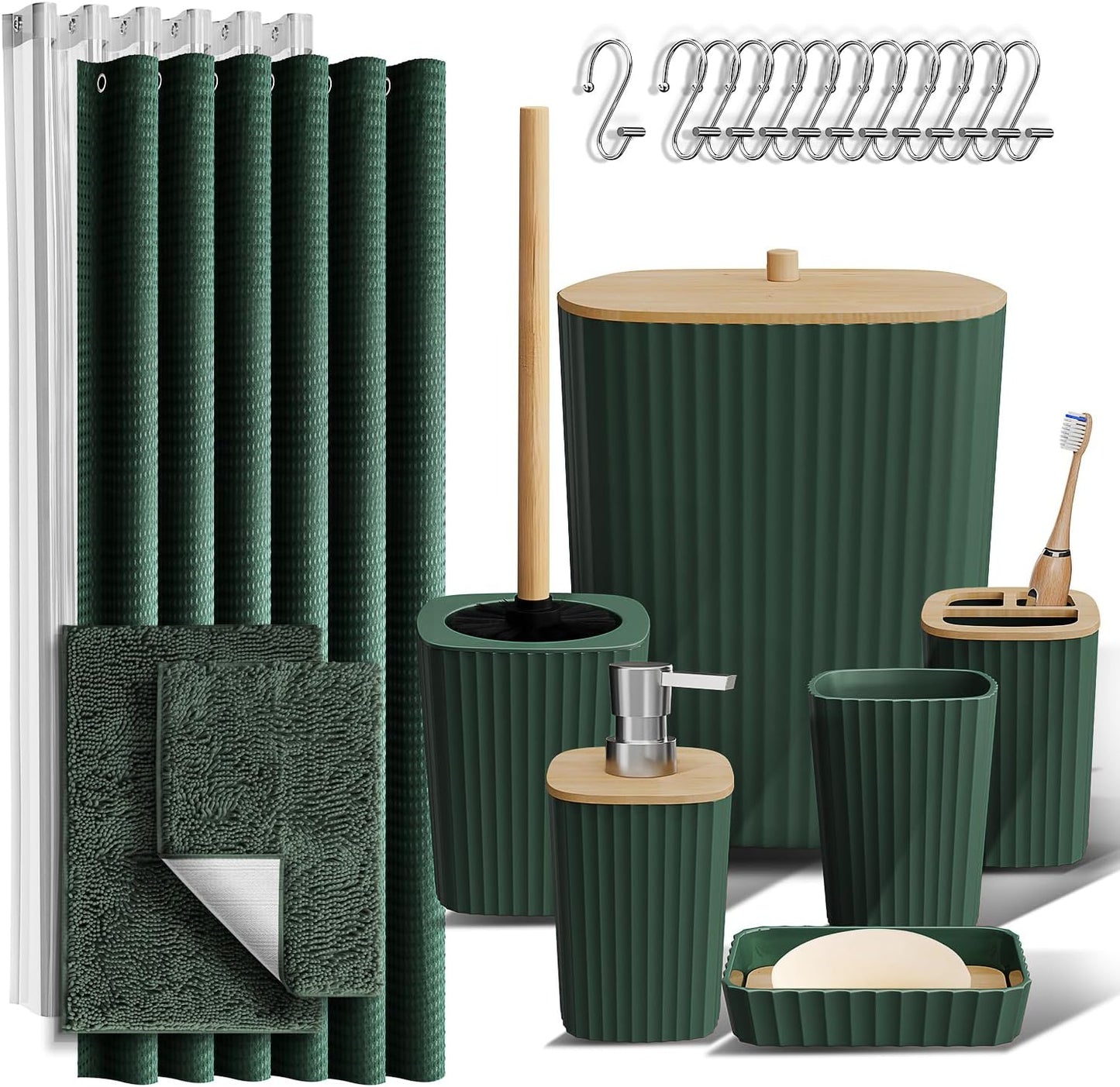 Hunter Green Bathroom Accessories Set with Shower Curtain and Rugs