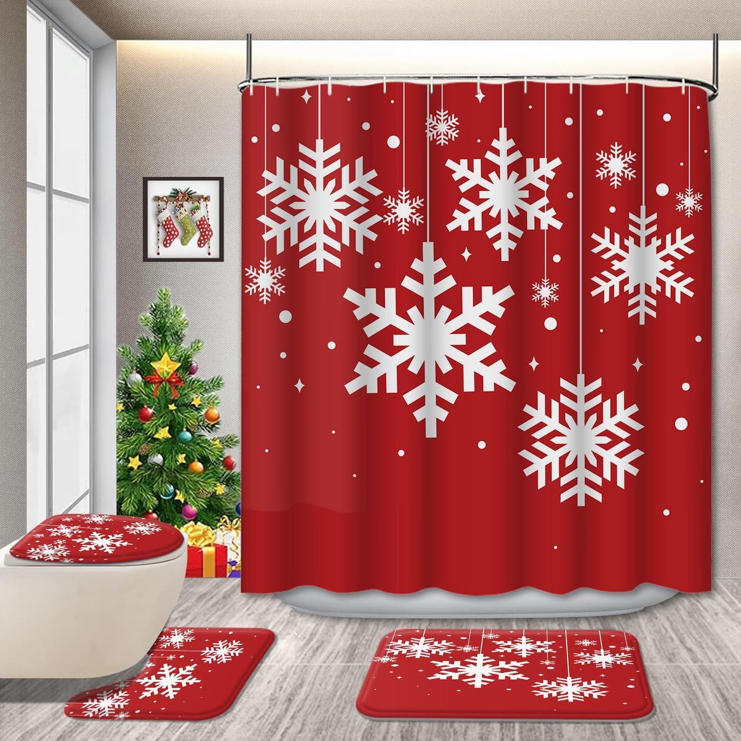 Christmas Snowflake Red Shower Curtain Set - Big Snowflakes Design, Waterproof, Non-Slip Rugs - 4 Pcs - GRIEKOWE