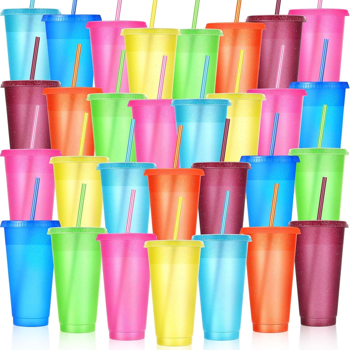 30 Pack Glitter Plastic Cups with Straw and Lid for Parties