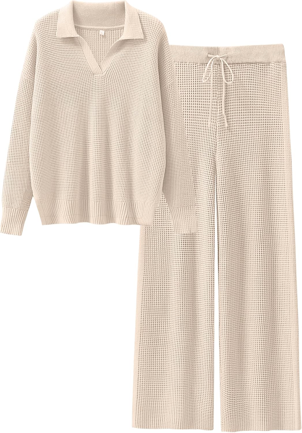 Waffle Knit Pullover Matching Wide Leg Pants Tracksuit Set