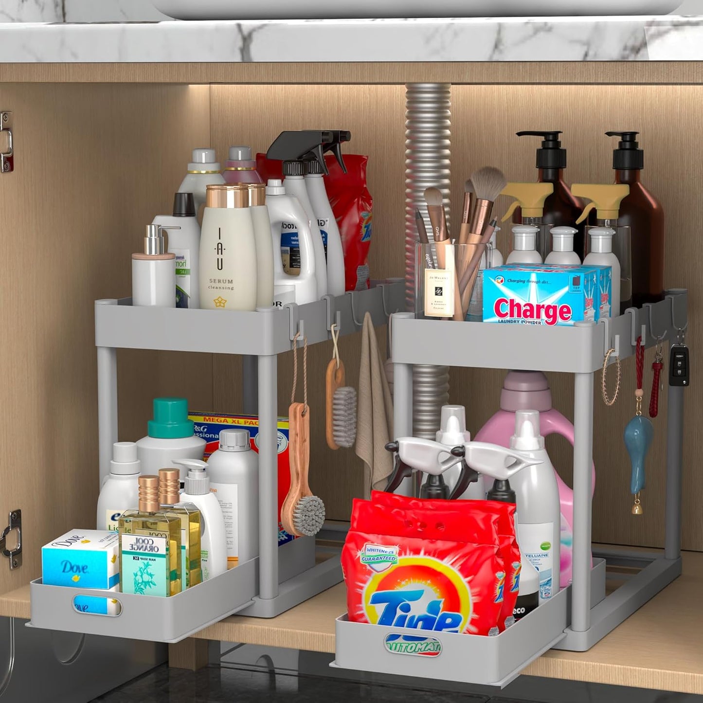 2-Tier Under Sink Organizer with Hooks - Maximize Storage