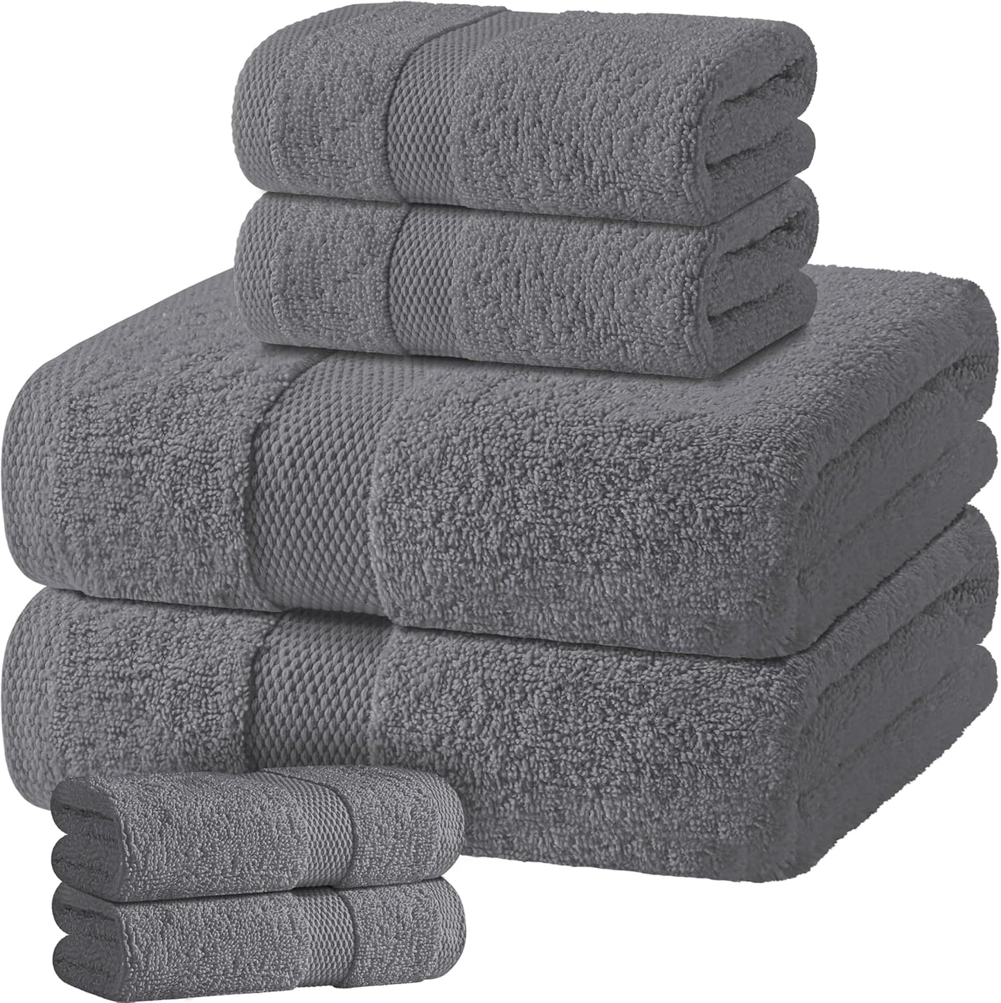 Gray Bath Towel Set of 6 - 100% Cotton Highly Absorbent Towels