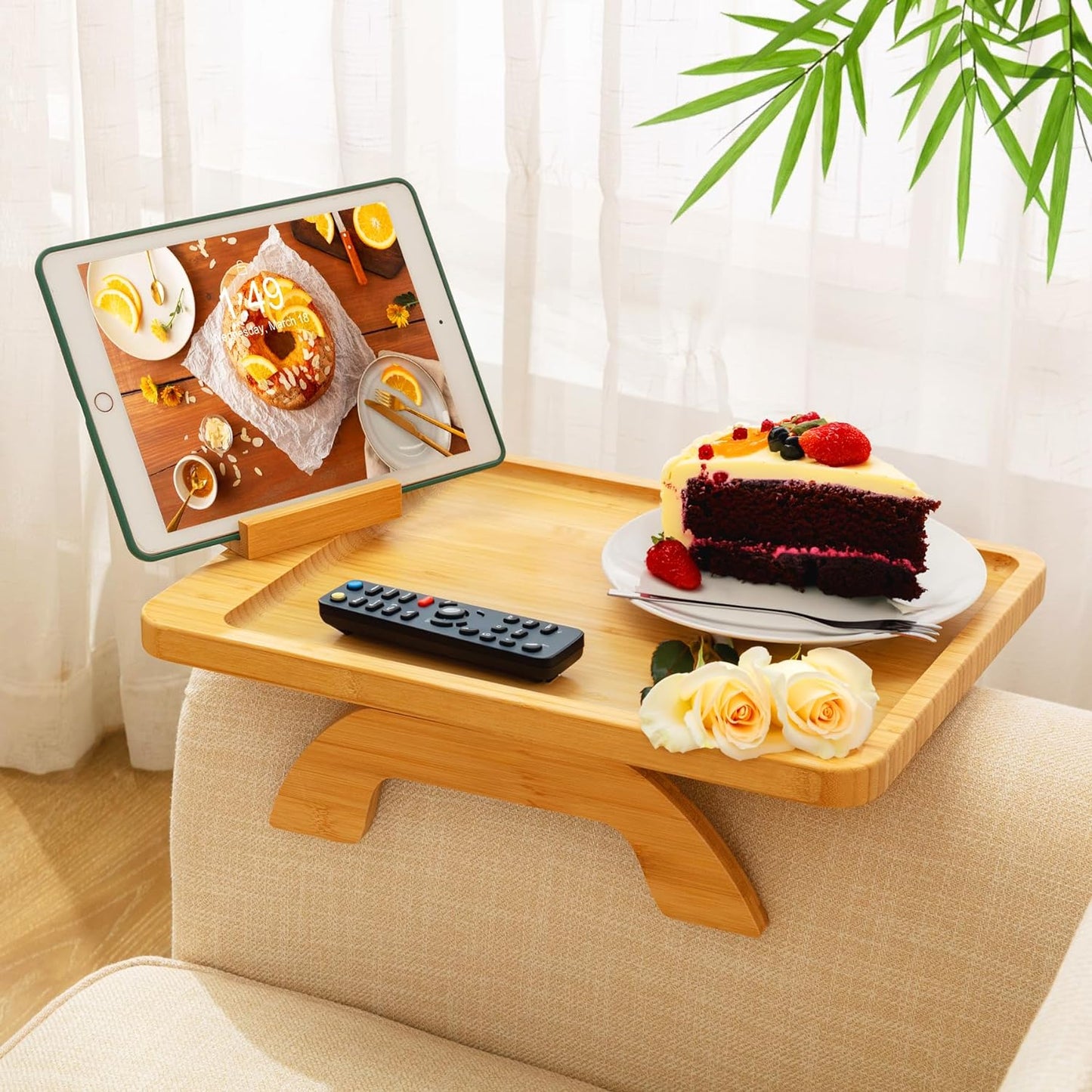 Large Bamboo Couch Arm Tray Table for Snacks and Drinks