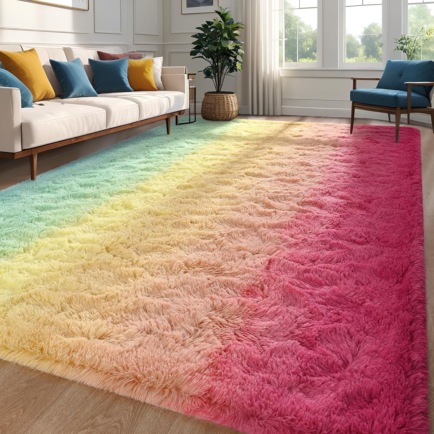 Pink-Cyan Area Rug 6x9 Fluffy Cute Modern Carpet for Kids Room