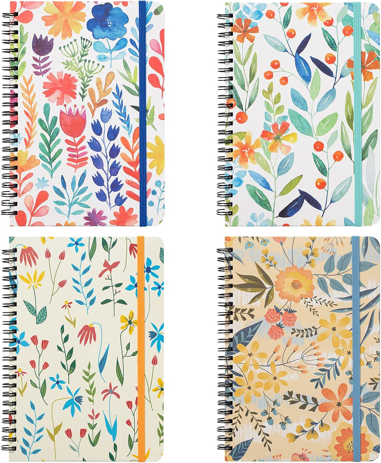 Floral Hardcover Notebooks 4 Pack for Girls - College Ruled, Inner Pocket