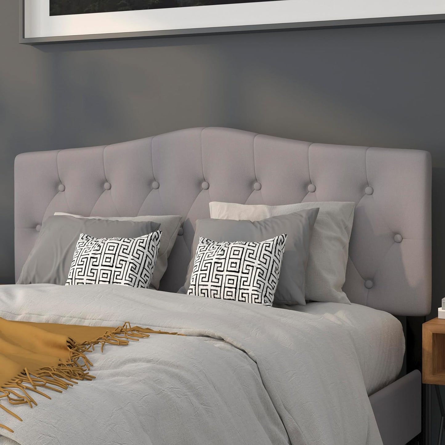 Arched Button Tufted Queen Size Headboard in Light Gray Fabric