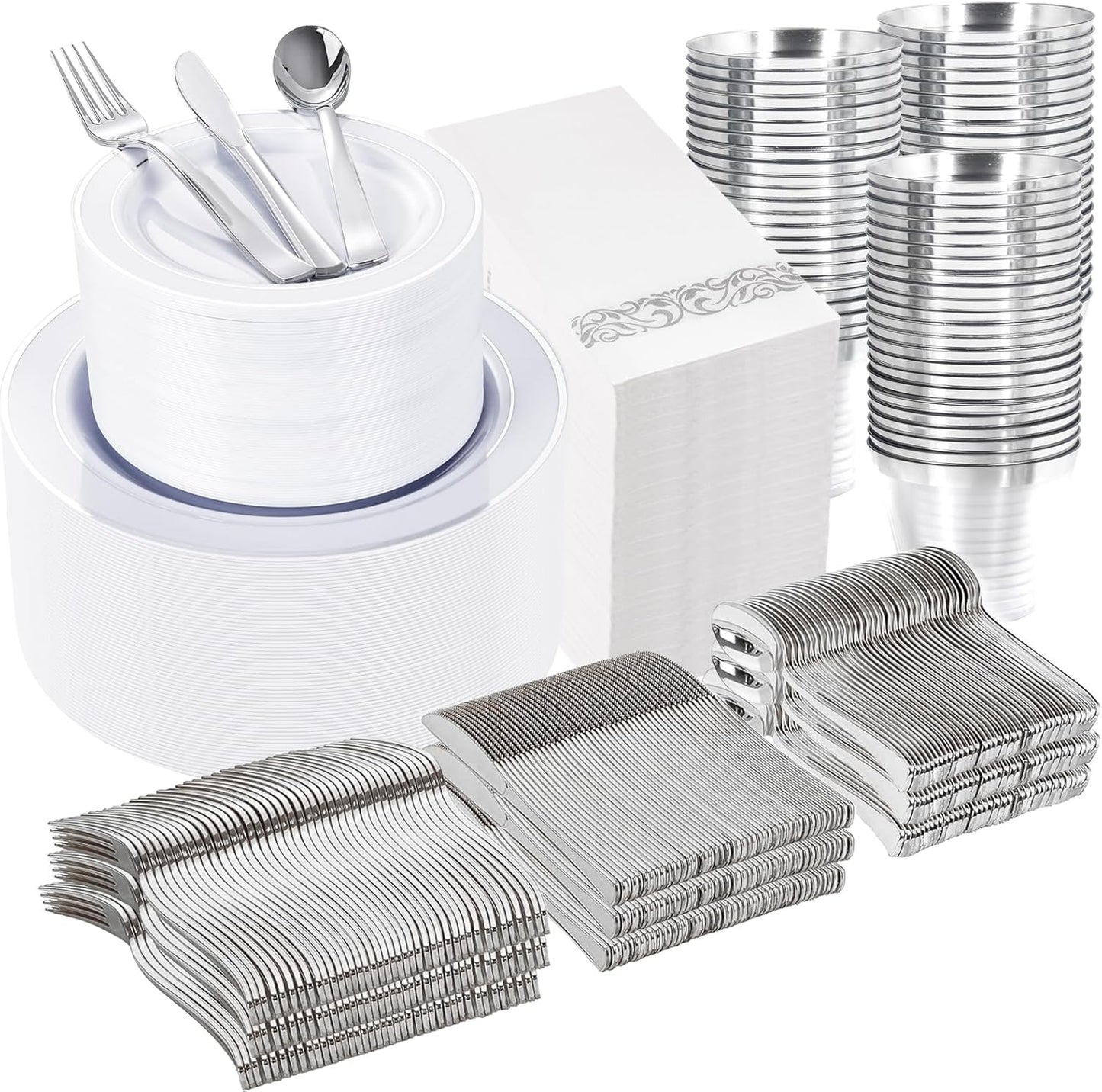 Elegant 700 Pieces Silver Plastic Dinnerware Set for 100 Guests