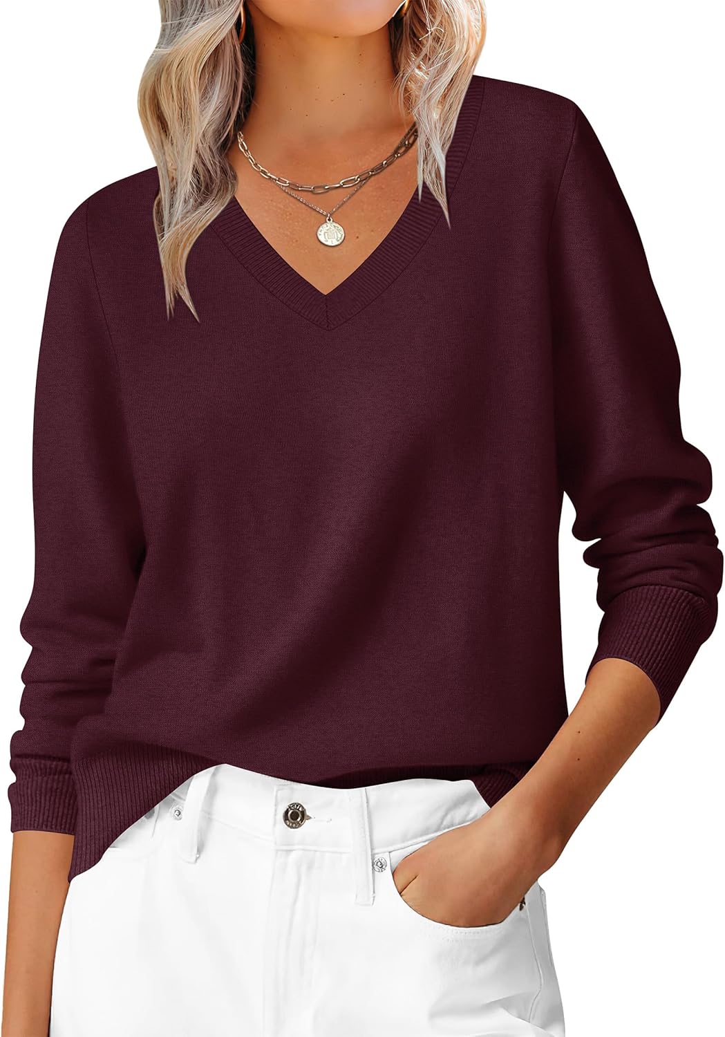 Womens Long Sleeve V Neck Sweaters for Casual Fall Style