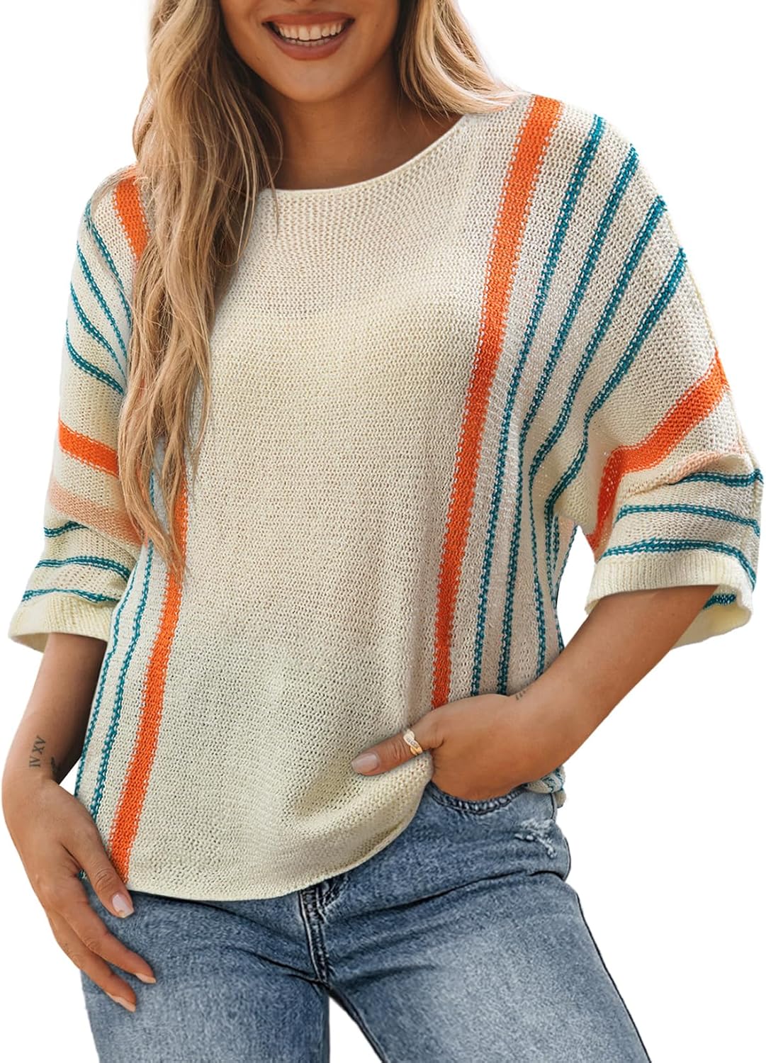 Dokotoo Womens Casual Crewneck 3/4 Sleeve Striped Sweater