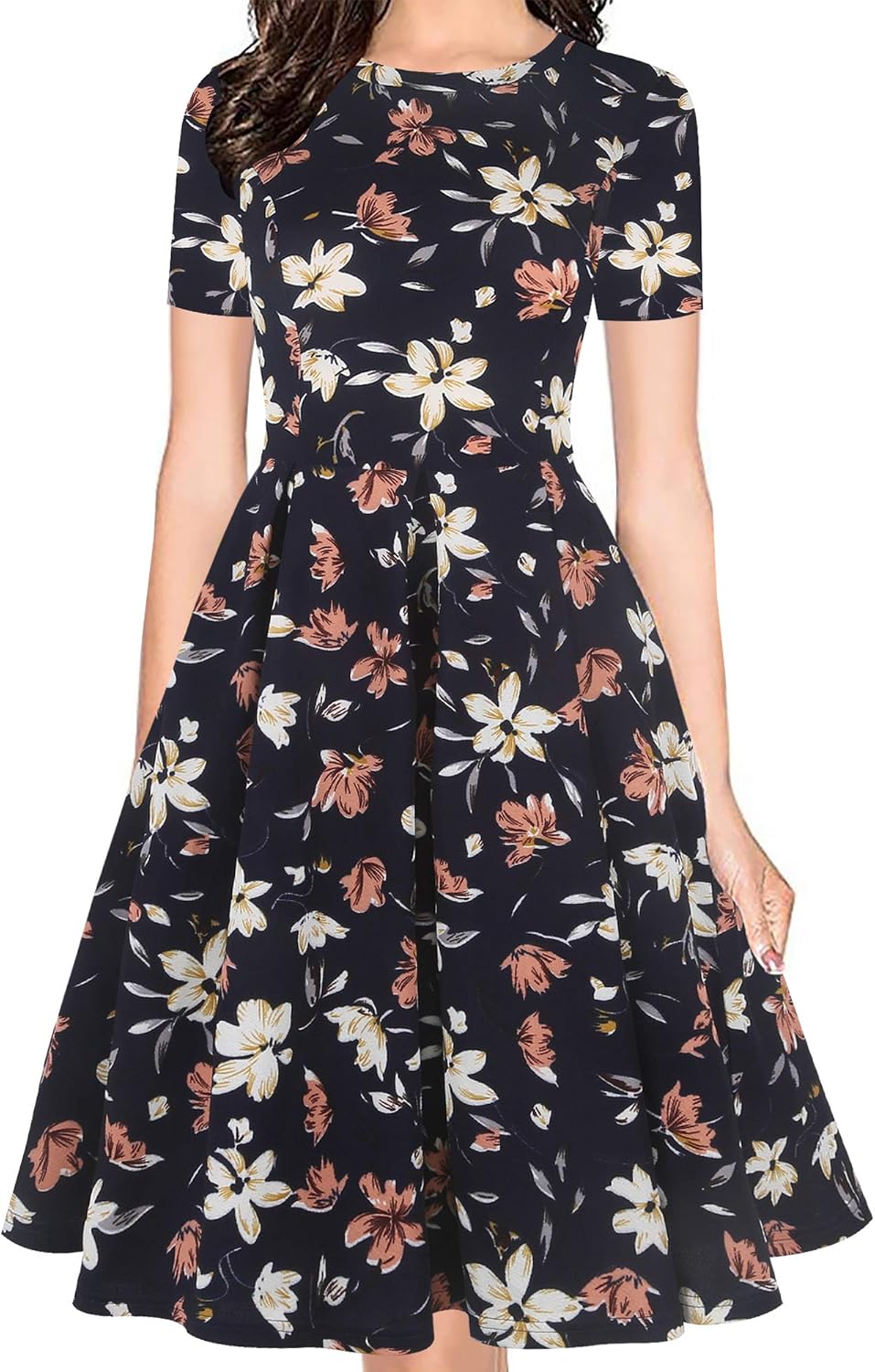 Oxiuly Women's Vintage Half Sleeve O-Neck Swing Dress with Pockets