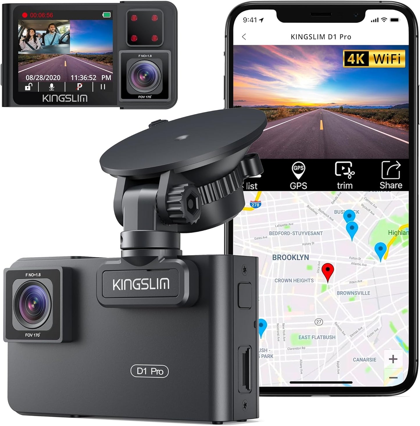 Kingslim D1 Pro Dual Dash Cam with 4K Front and Inside Recording