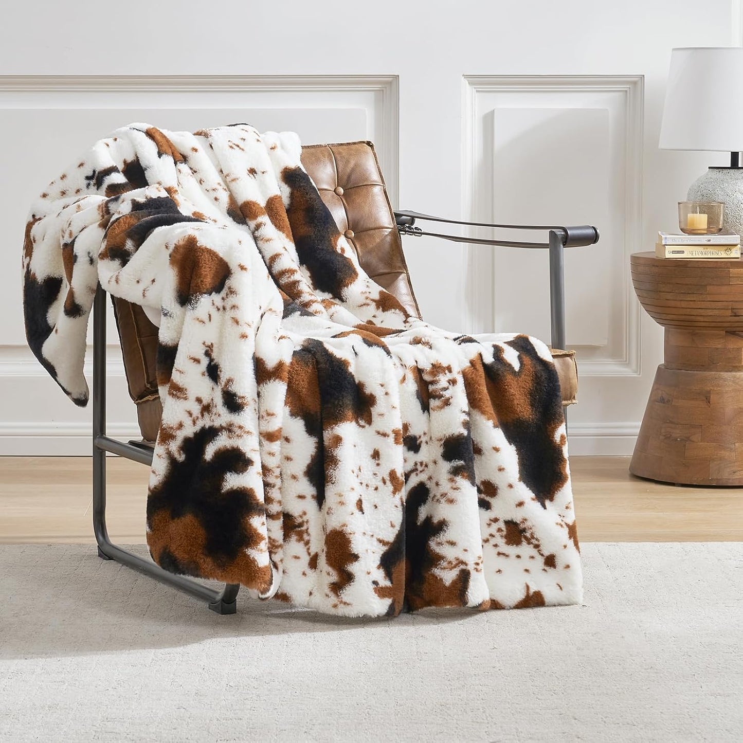 Cozy Bliss Cow Print Faux Fur Throw Blanket for Home Decor