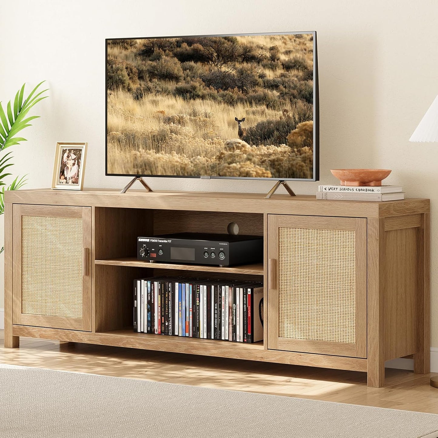 Boho Rattan TV Stand - Adjustable Shelves & 2-Tier Storage