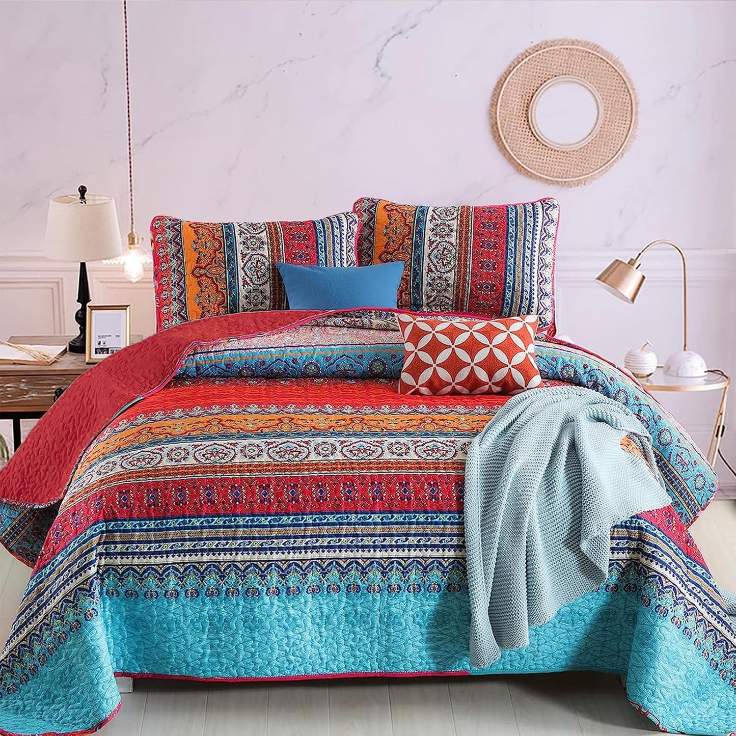 Bohemian Red Christmas Stripe Quilt Set for Queen Bed