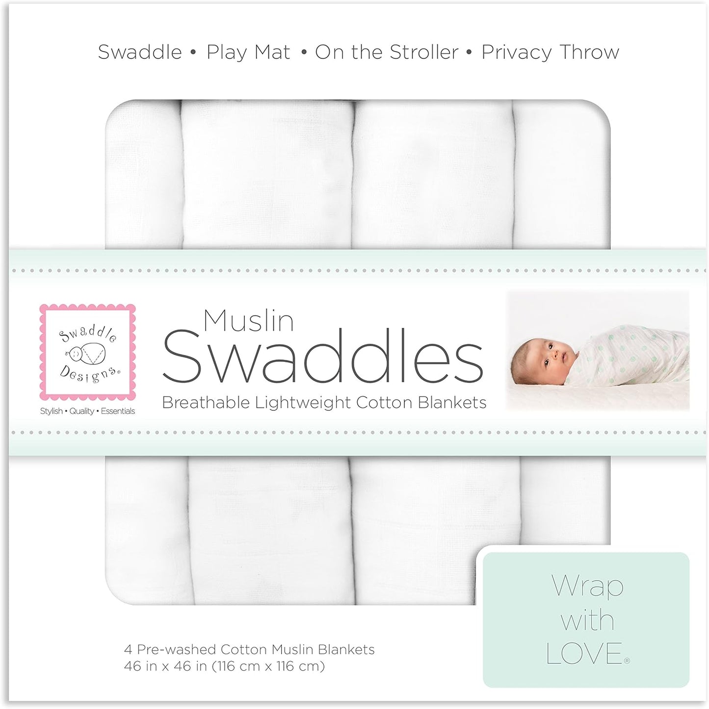 SwaddleDesigns Cotton Muslin Swaddle Blankets Set of 4 for Babies