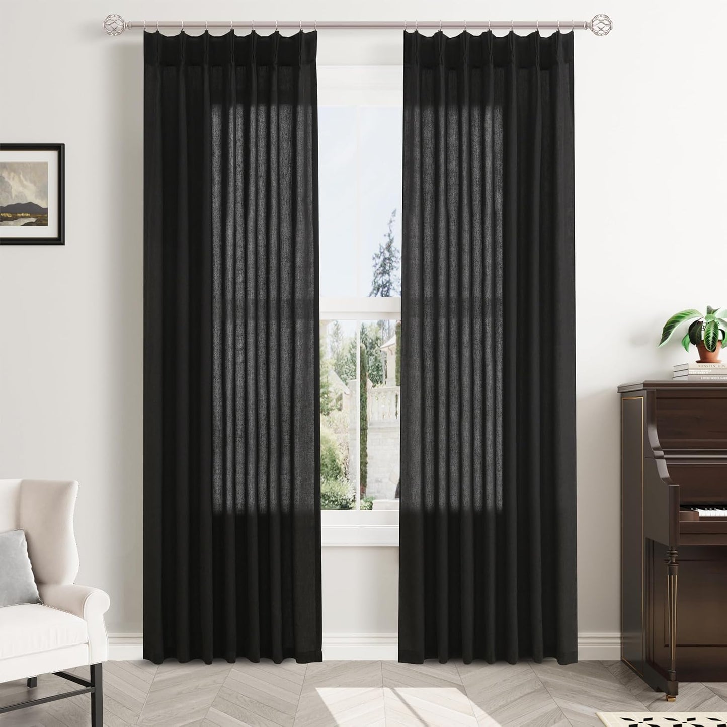 Black Pinch Pleated Linen Curtains for Elegant Home Decor