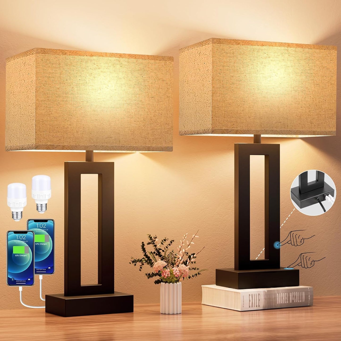 Seealle Bedroom Lamps for Night Stands with Touch Control and USB