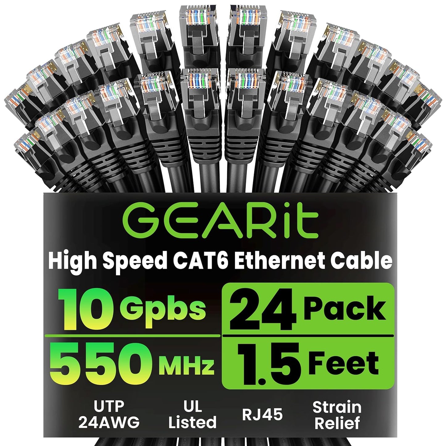 GearIT Cat 6 Ethernet Cable Pack - 24-Pack 1.5 ft Cables