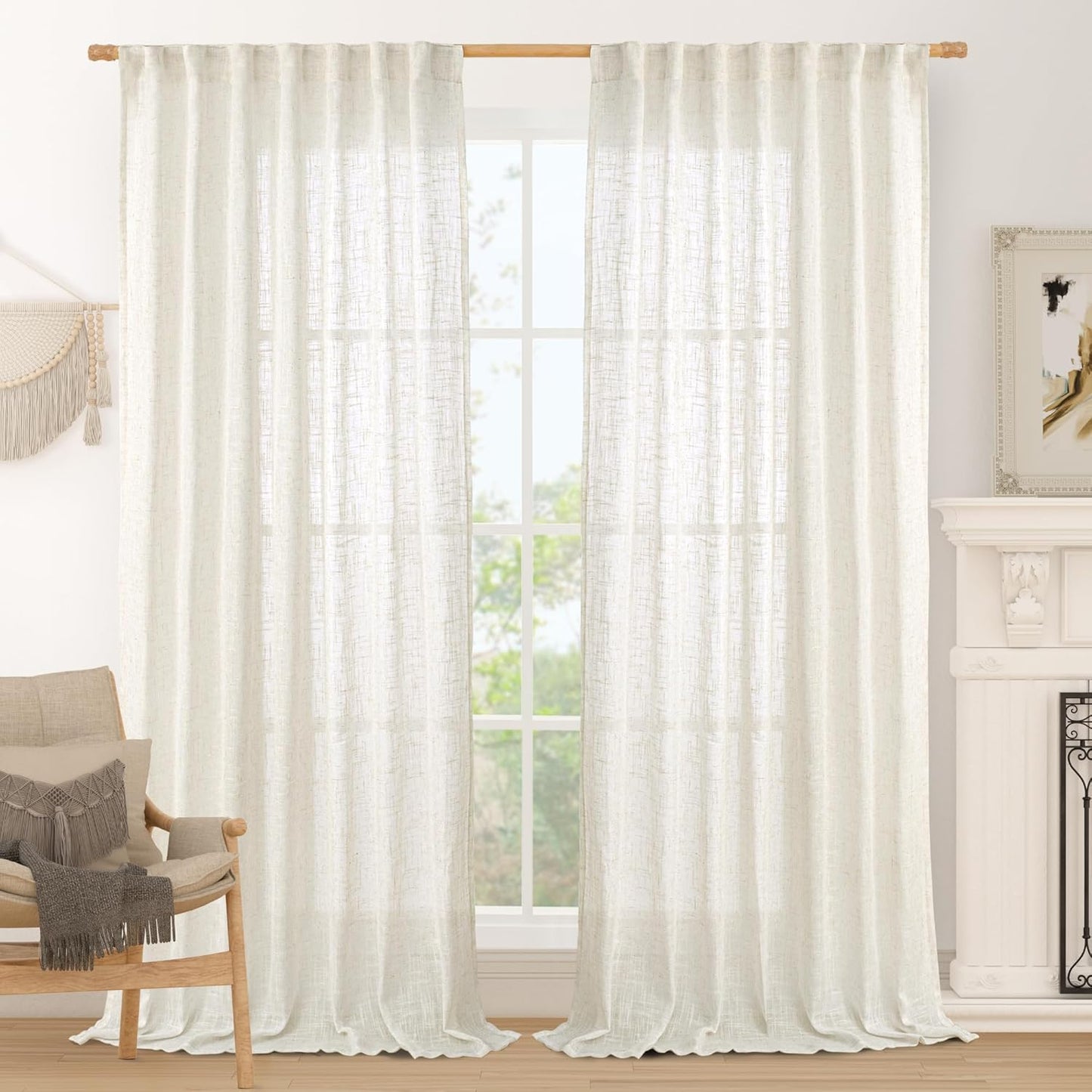 LAMIT Extra Wide Linen Curtains for Bedroom, Cream Light Filtering