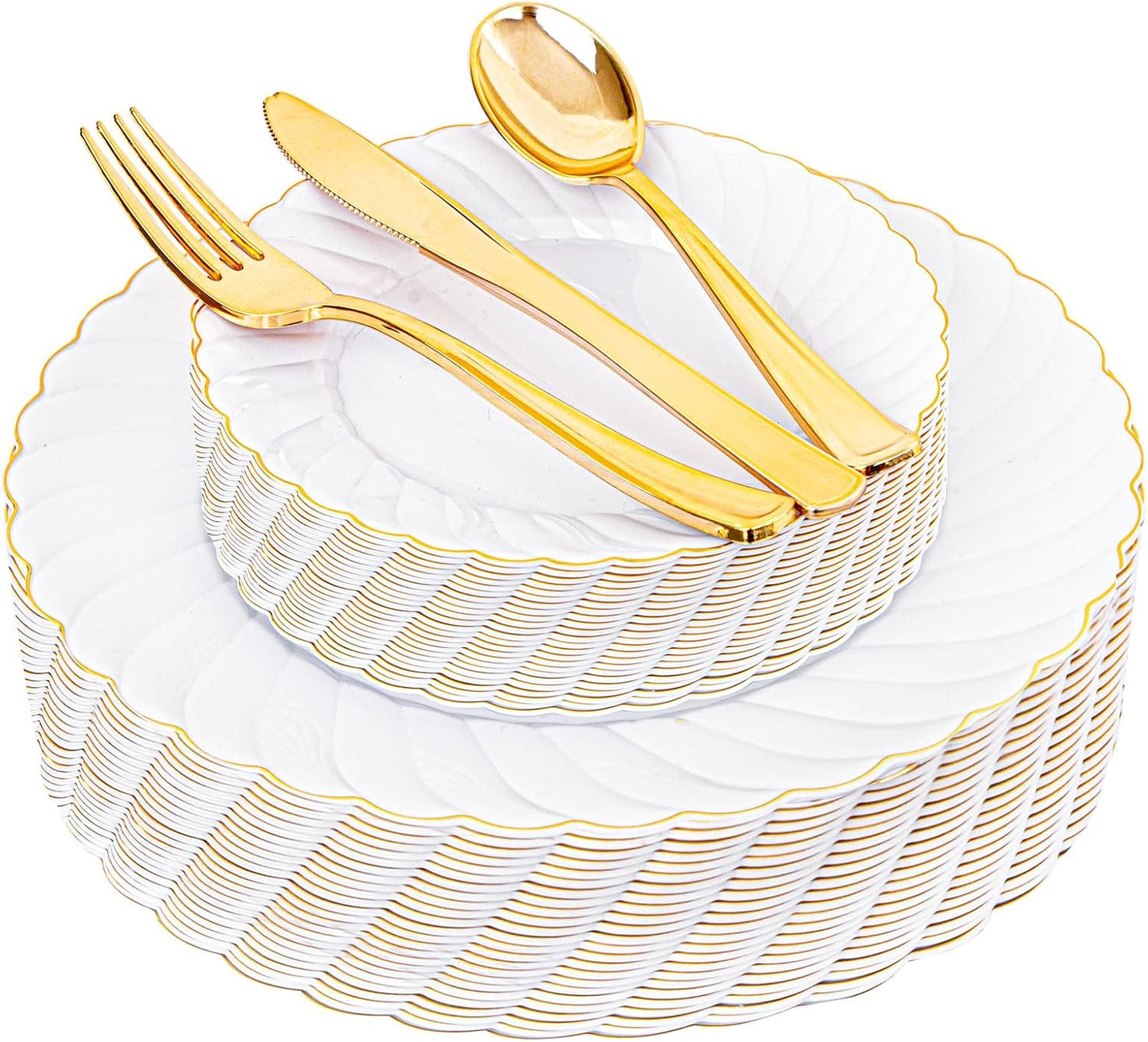 125PCS White Plastic Plates with Gold Rim for Elegant Events