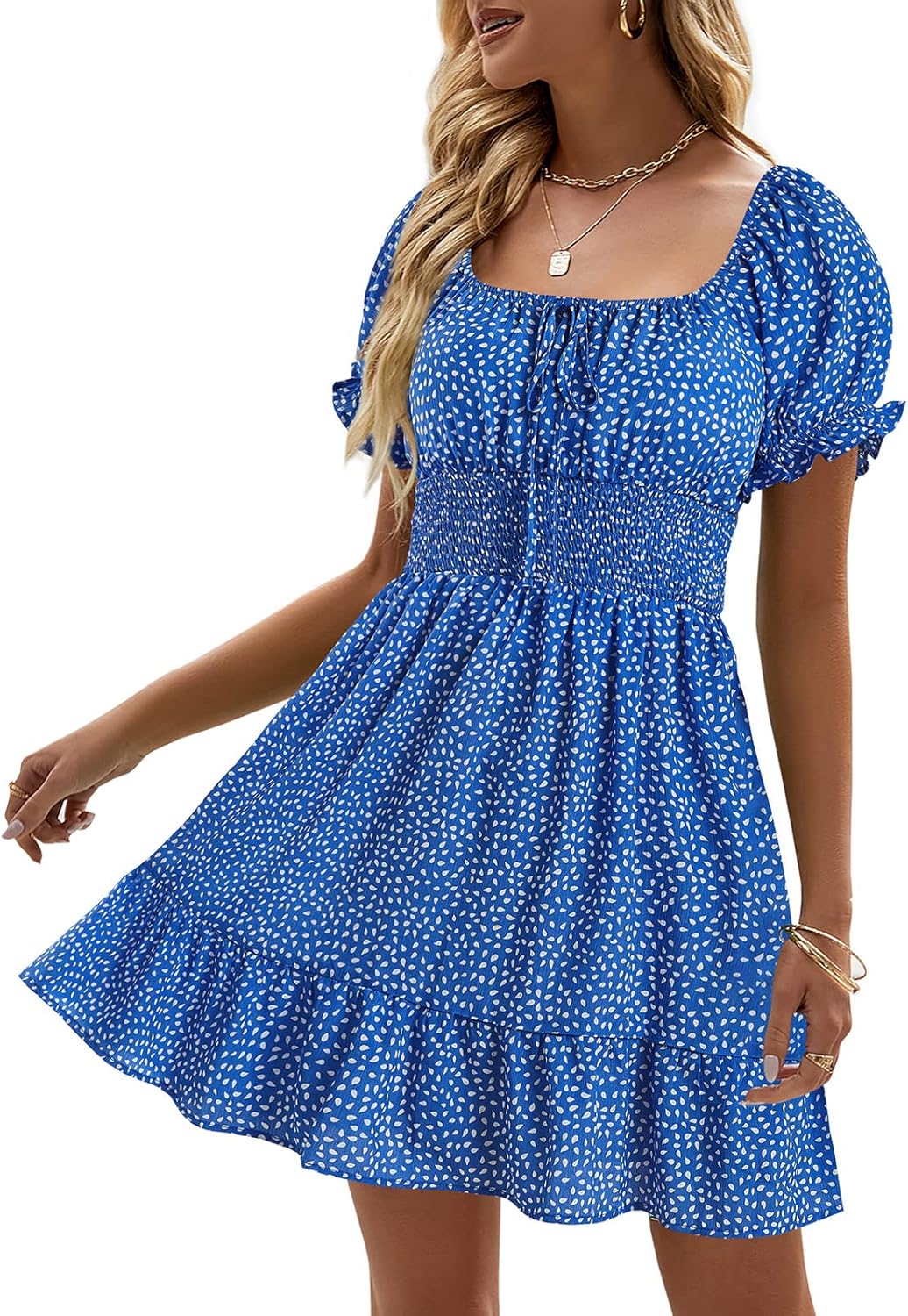 Boho Floral Smocked Square Neck Mini Dress for Women