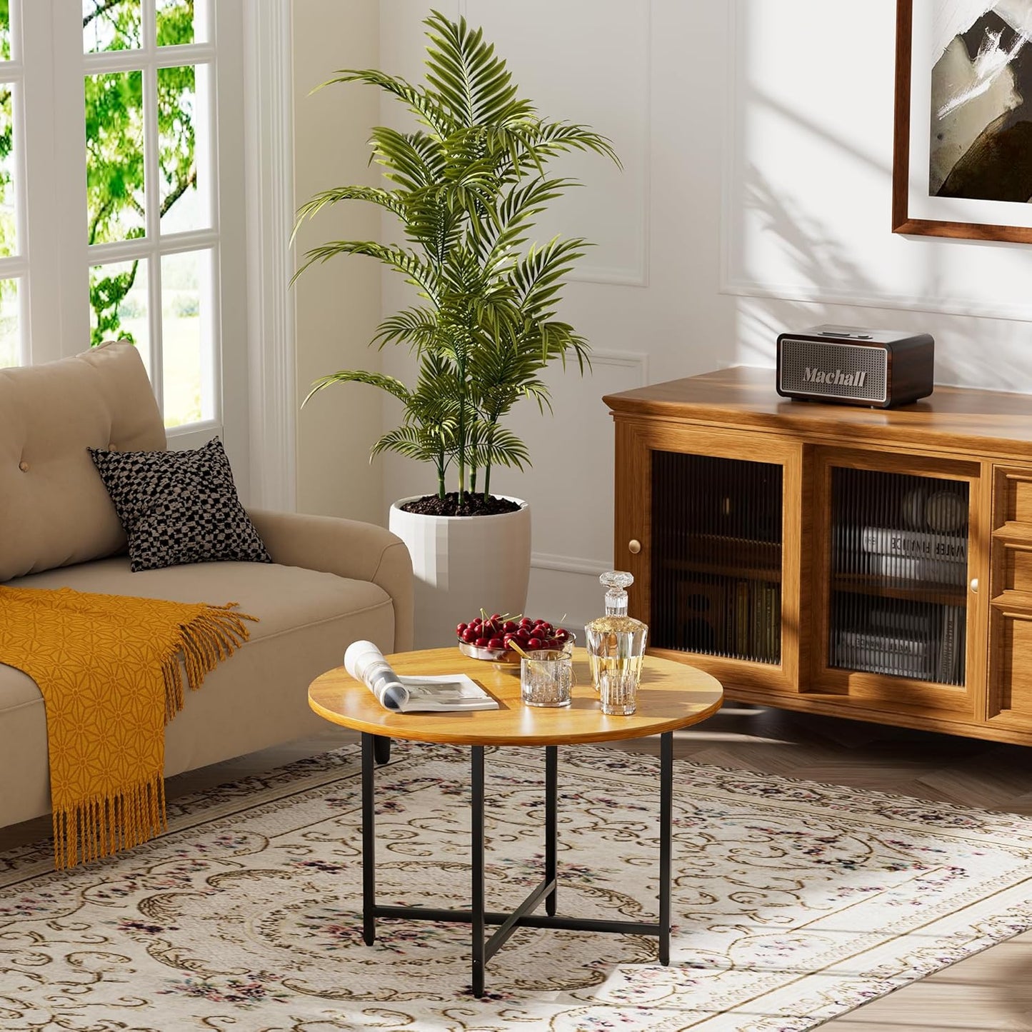 Round Coffee Table with Metal Frame for Living Room Use