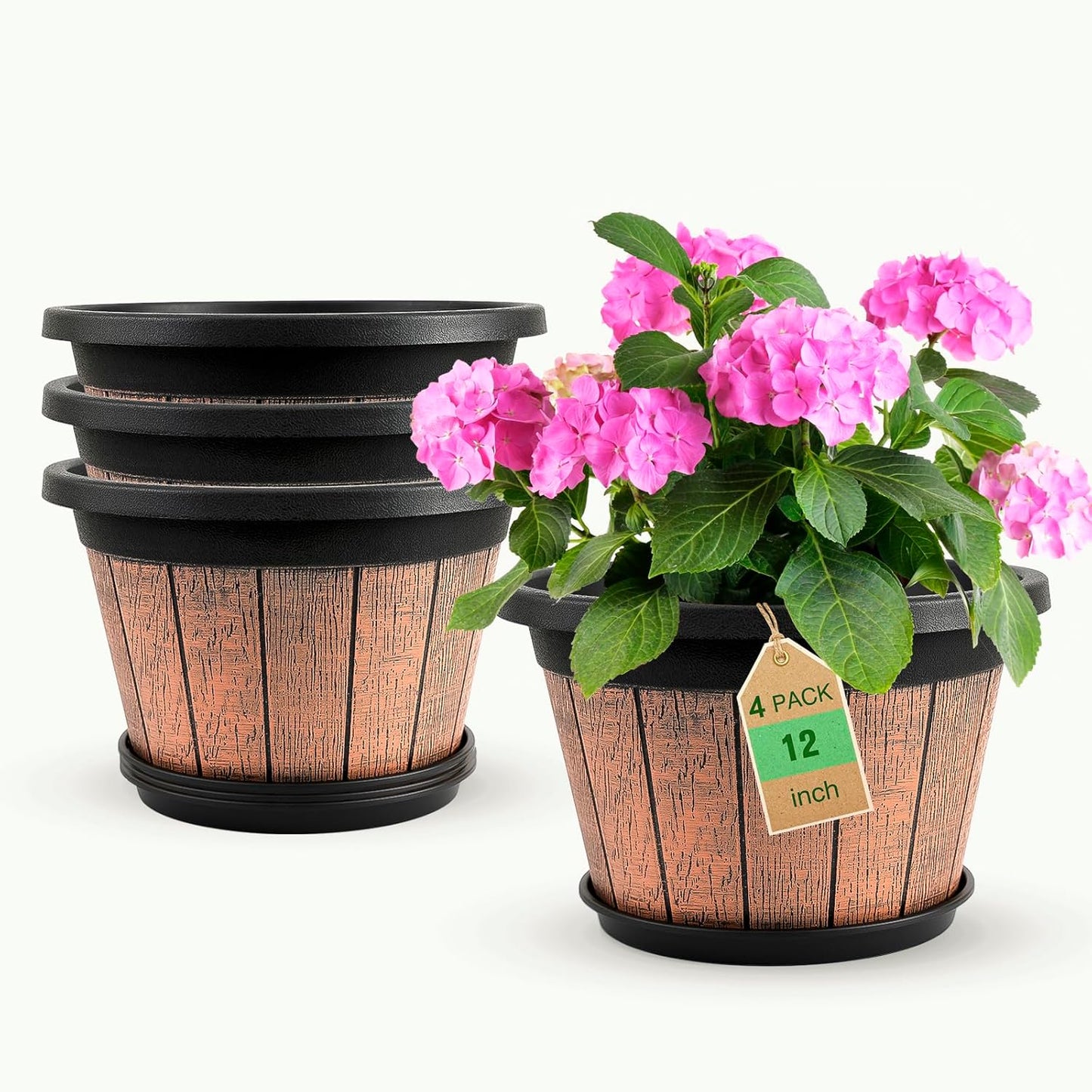 12 inch Plant Pots - Vintage Whiskey Barrel Planters Set of 4