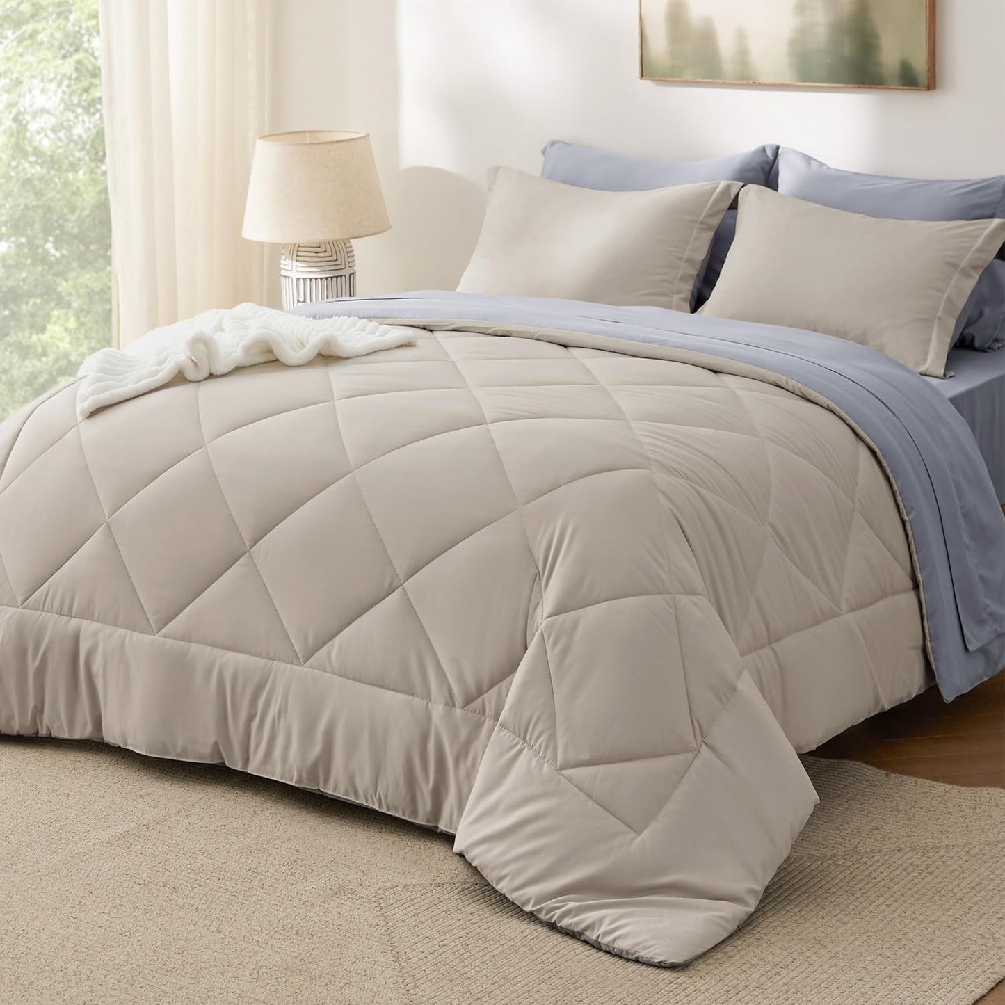 Bedsure Queen Comforter Set - 7 Pieces Reversible Beige Bedding