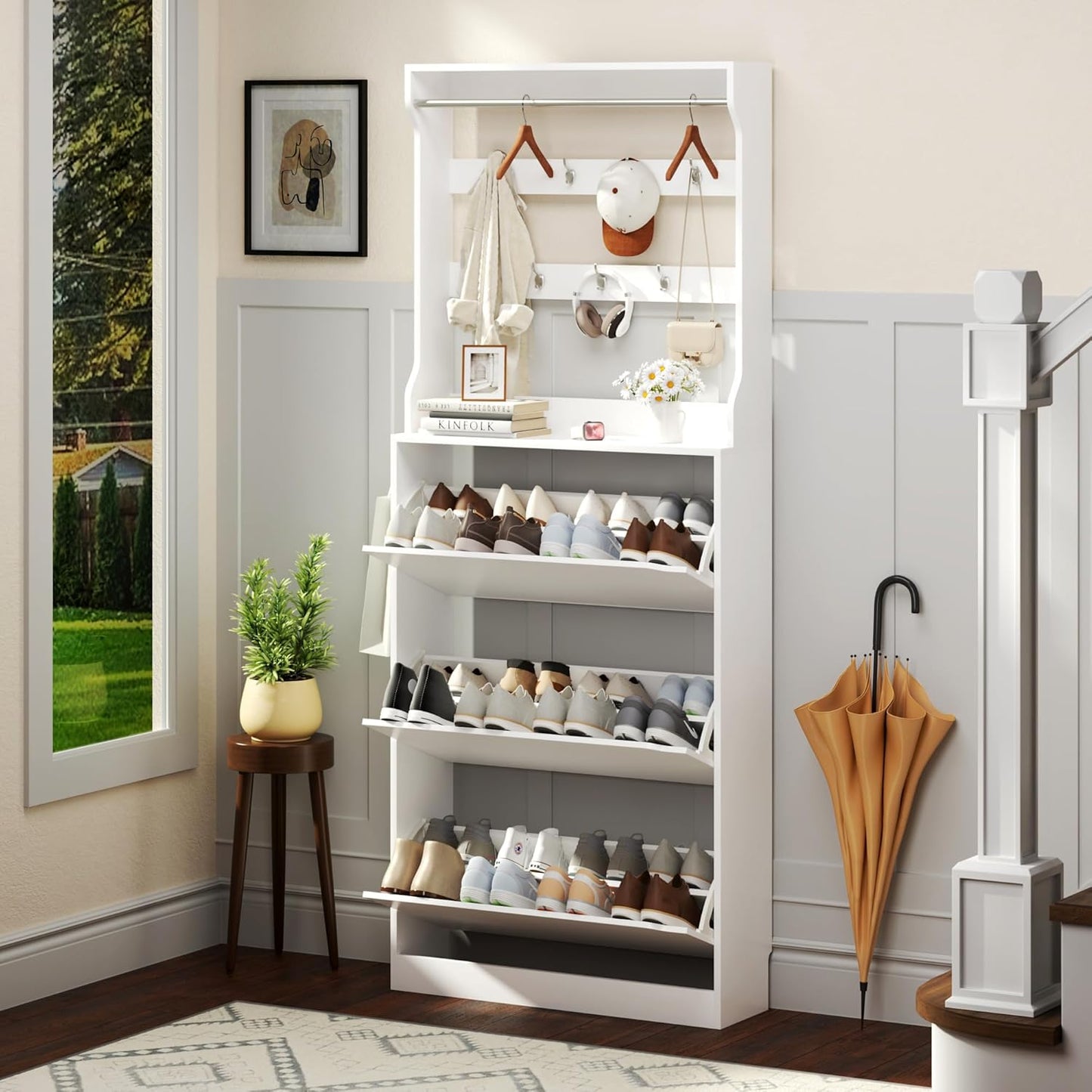 Shoe Cabinet for Entryway with 3 Flip Drawers and Coat Rack