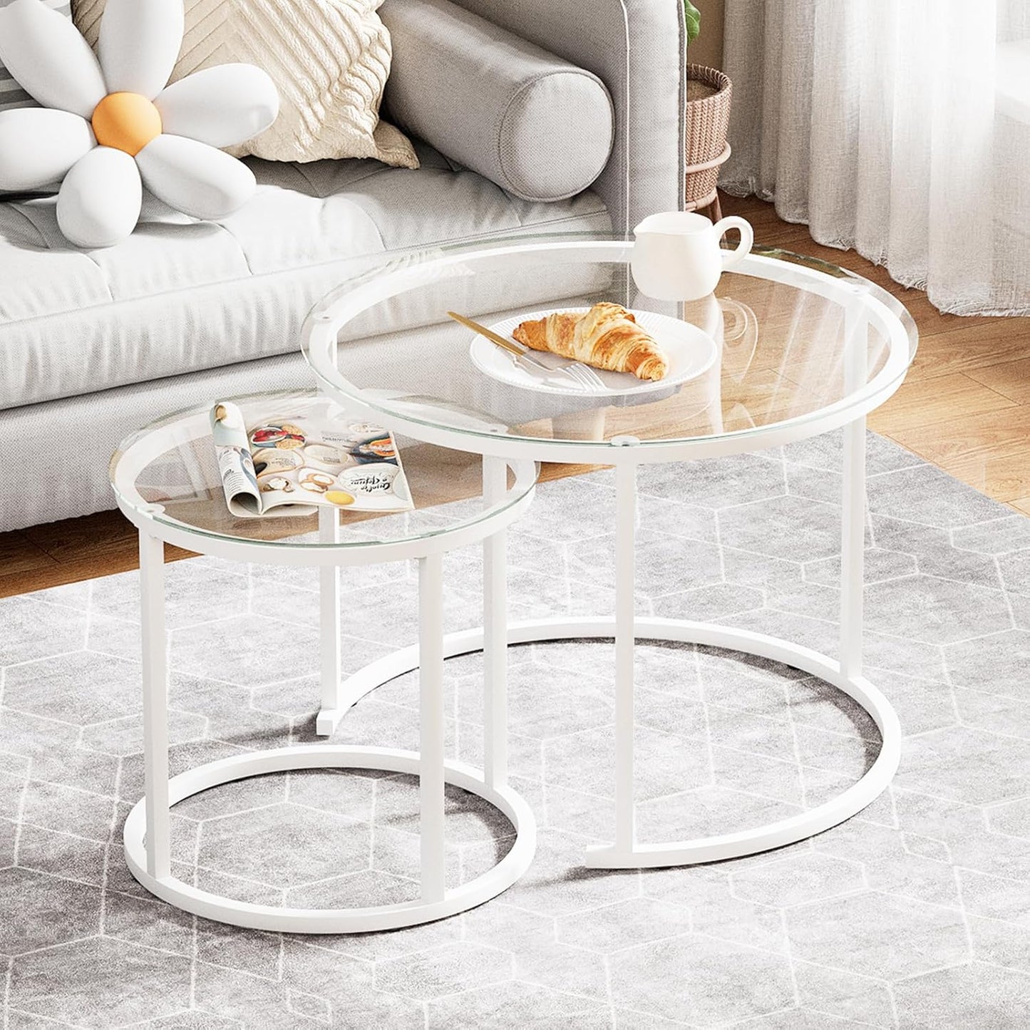 aboxoo White Nesting Glass Table Set for Modern Living Spaces
