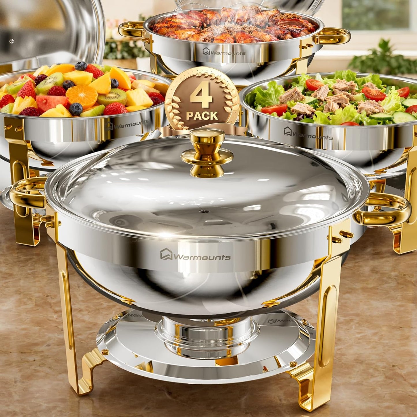 WARMOUNTS Round Chafing Dishes for Buffet - Elegant 4 Pack Set