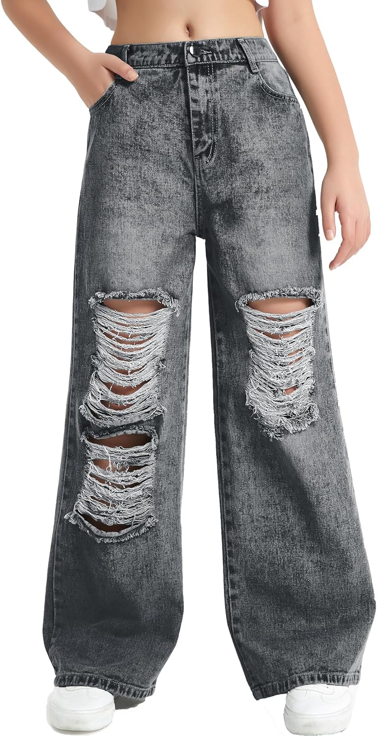 EXARUS Girls Baggy Jeans for Teens: Stylish Ripped Denim Pants