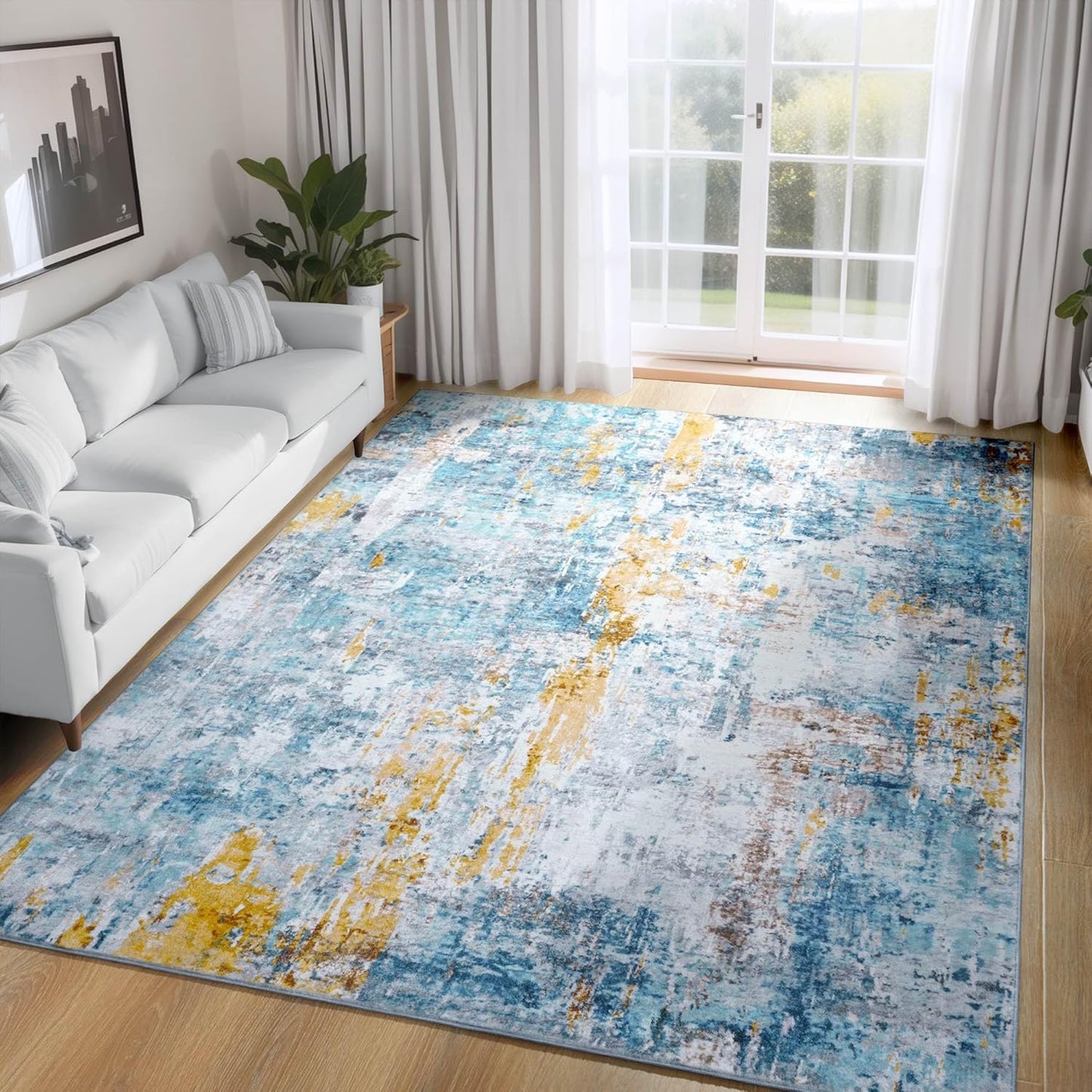 Ompaa 5x7 Blue Area Rug - Machine Washable Boho Vintage Style