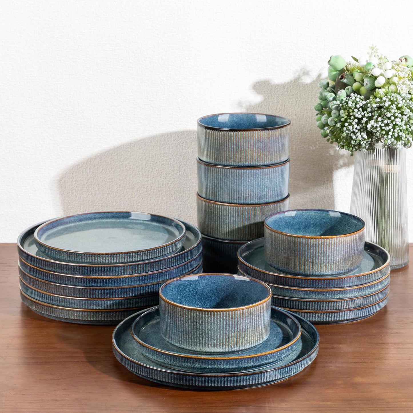 GBHOME Stoneware Dinnerware Set for 8, Unique Ceylon Blue