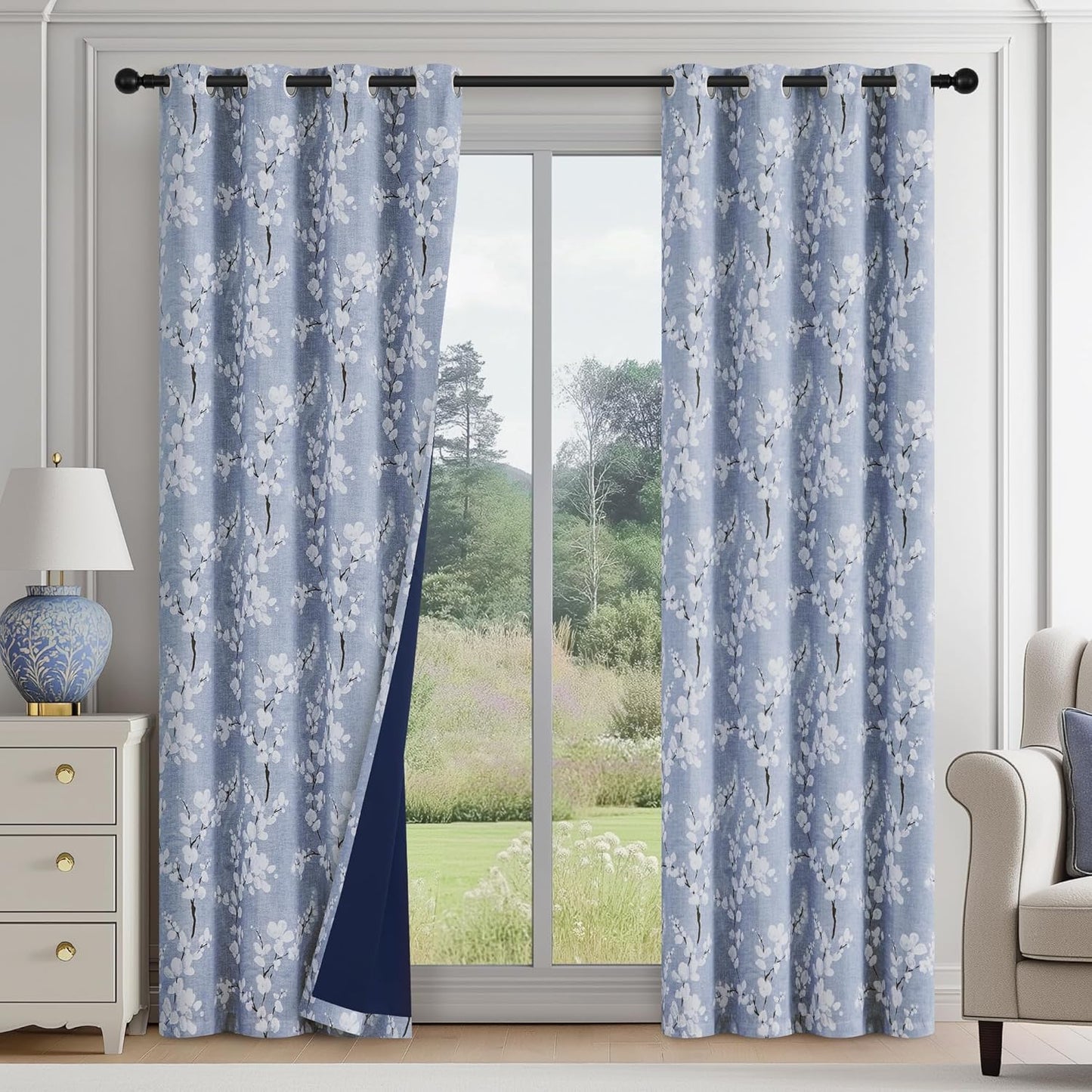 FMFUNCTEX Blackout Curtains with Blue Floral Design for Home