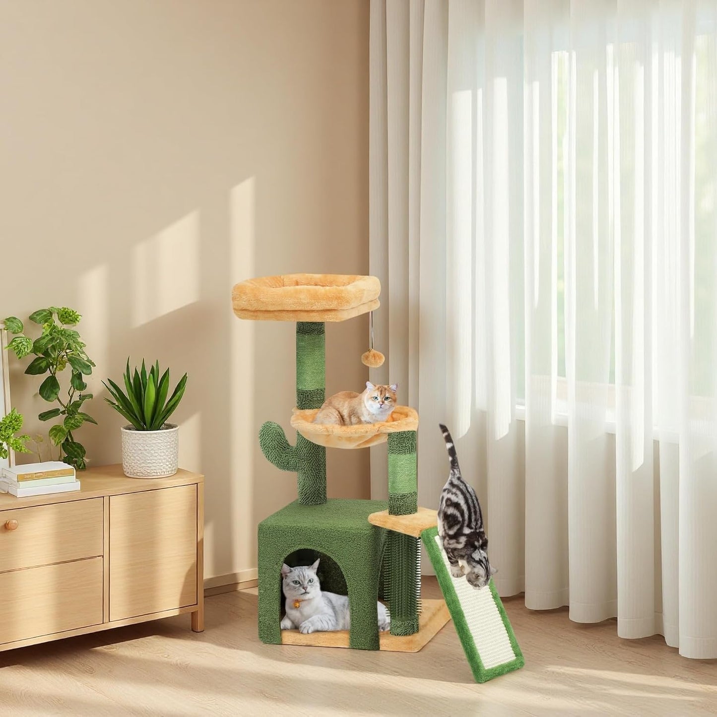 DWVO Cactus Cat Tree: 37in Tall with Self-Grooming Brush