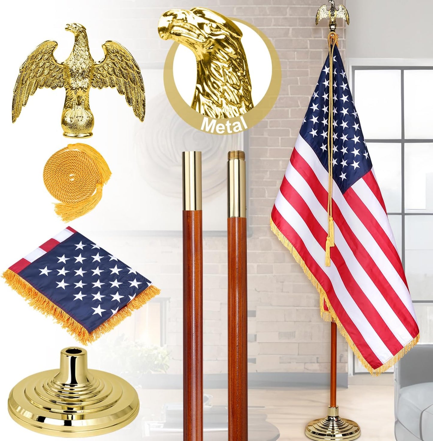 XIFAN Deluxe 8 FT Indoor American Flag and Pole Set for Display