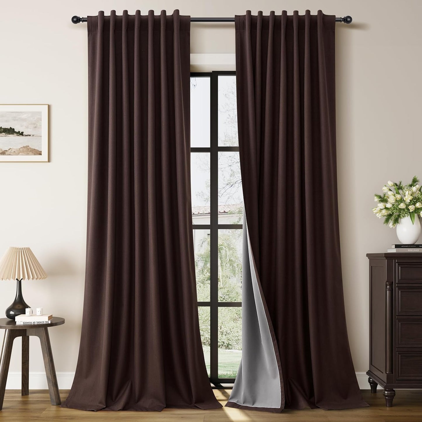 Guken Coffee Linen Blackout Curtains for Living Room 84 Inch