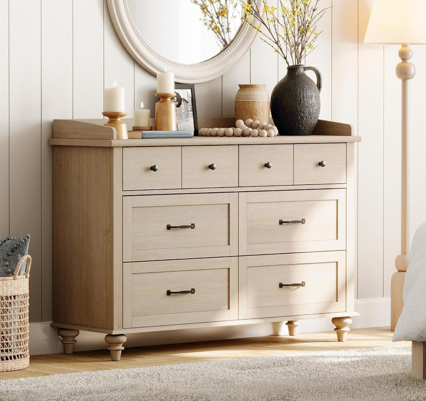 Beige Dresser for Bedroom with 6 Drawers - Farmhouse Style