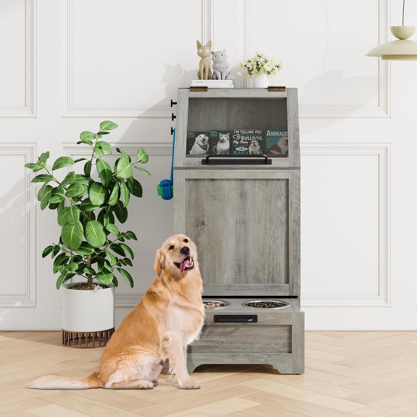 Elevated Dog Feeding Station with Storage for Pet Supplies