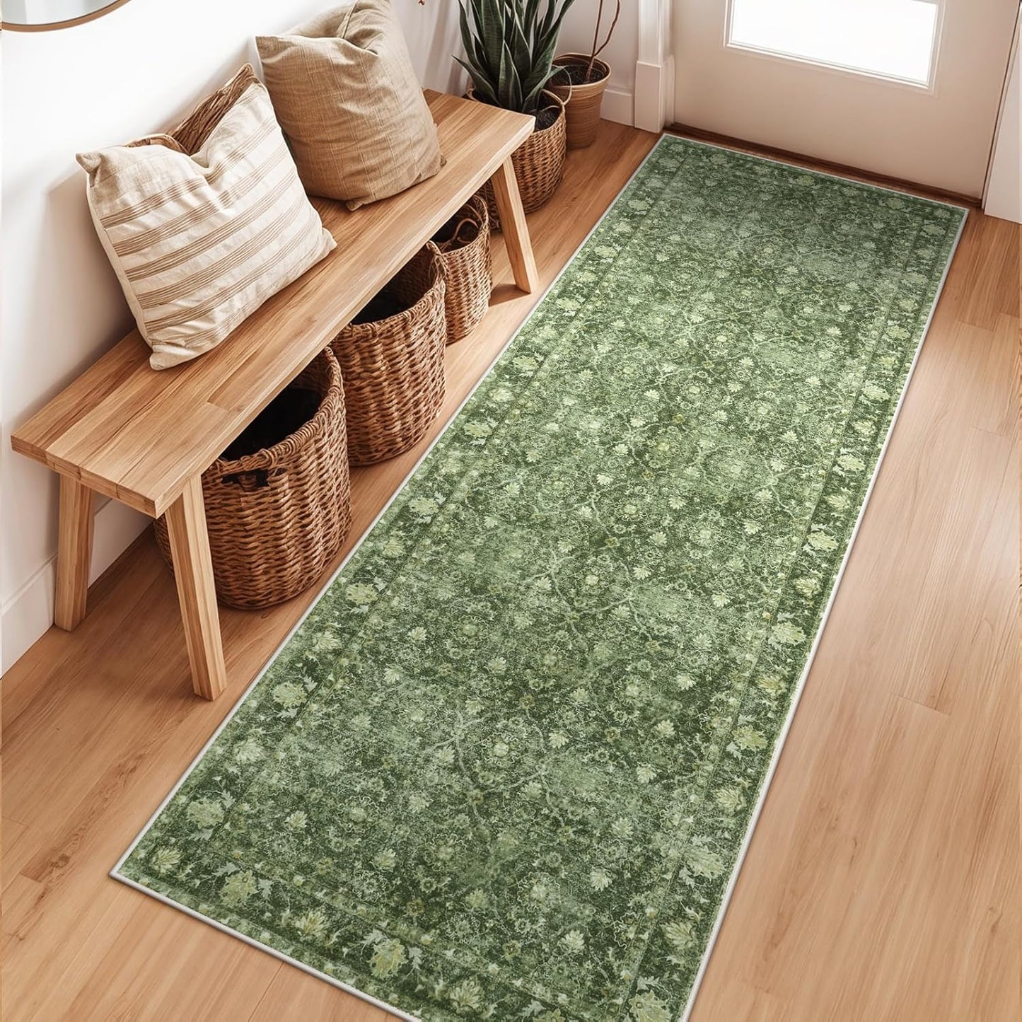 Vintage Green Washable 2x6 Runners for Hallways and Kitchens