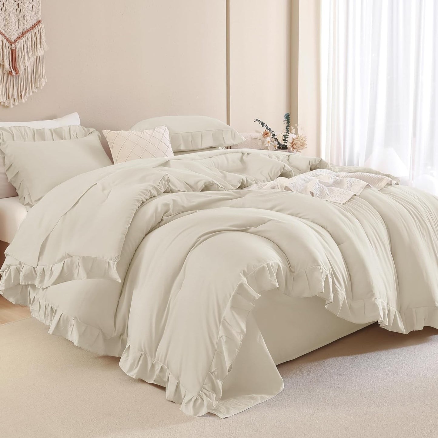 Beige Twin Size Ruffle Comforter Set for Kids by Andency