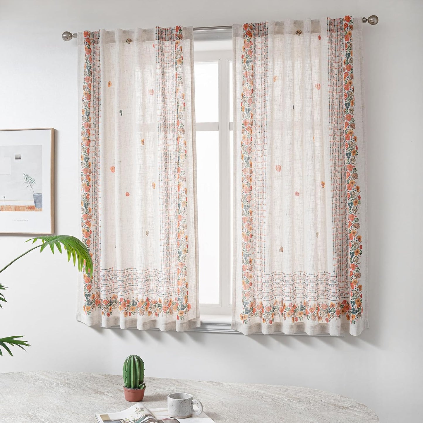 MYSKY HOME Boho Curtains for Bedroom 63 Inch Long Linen Look