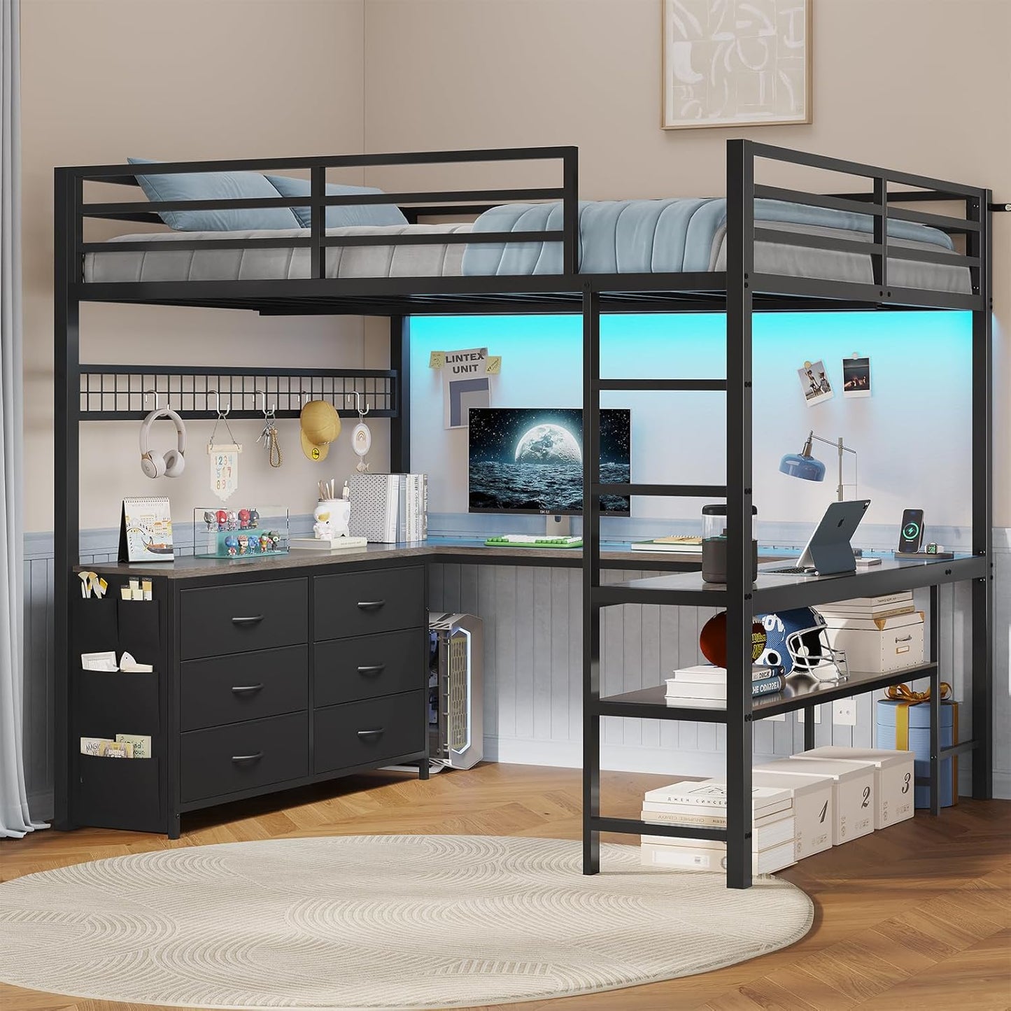 ADORNEVE Loft Bed Full Size with U-Shaped Desk and Storage