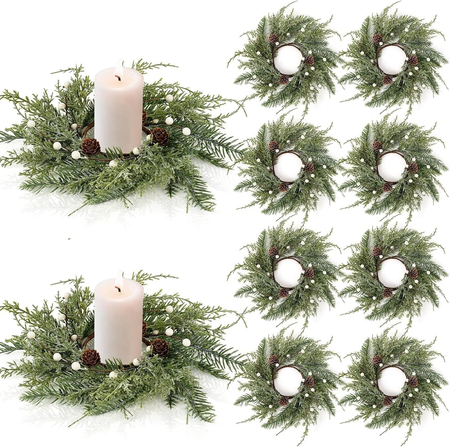 8 PCS Christmas Wreath Candle Rings for Festive Decor