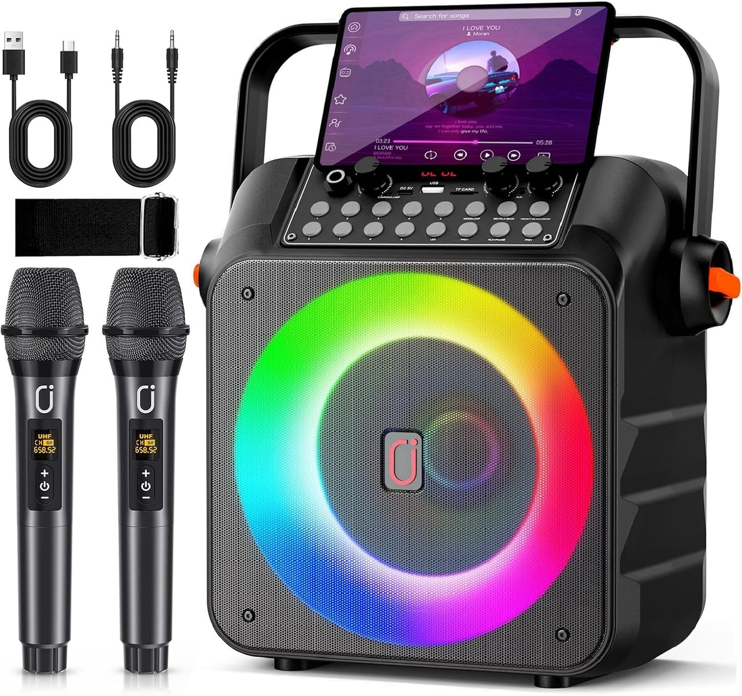 Portable Bluetooth Karaoke Machine - 2 Mics, Subwoofer, LED Lights