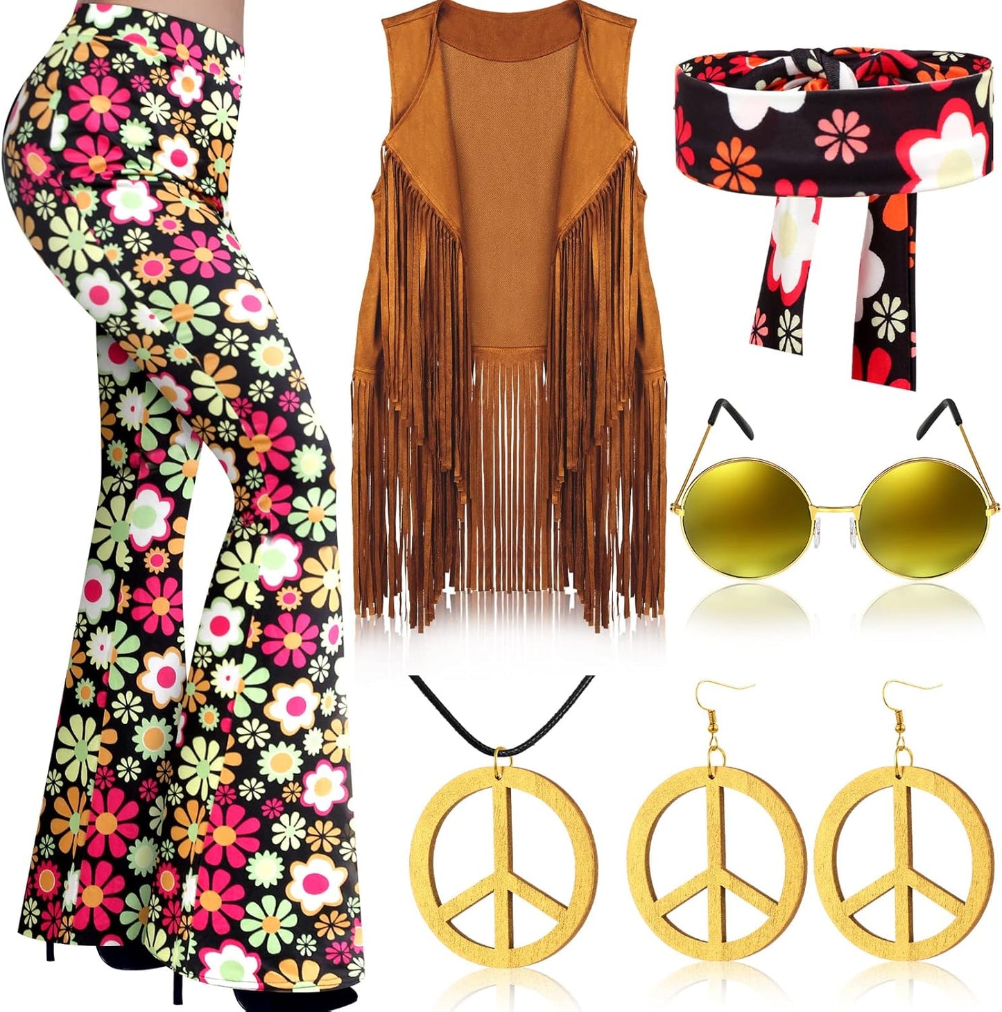 Hippie Costume Set for Women with Flared Pants and Accessories