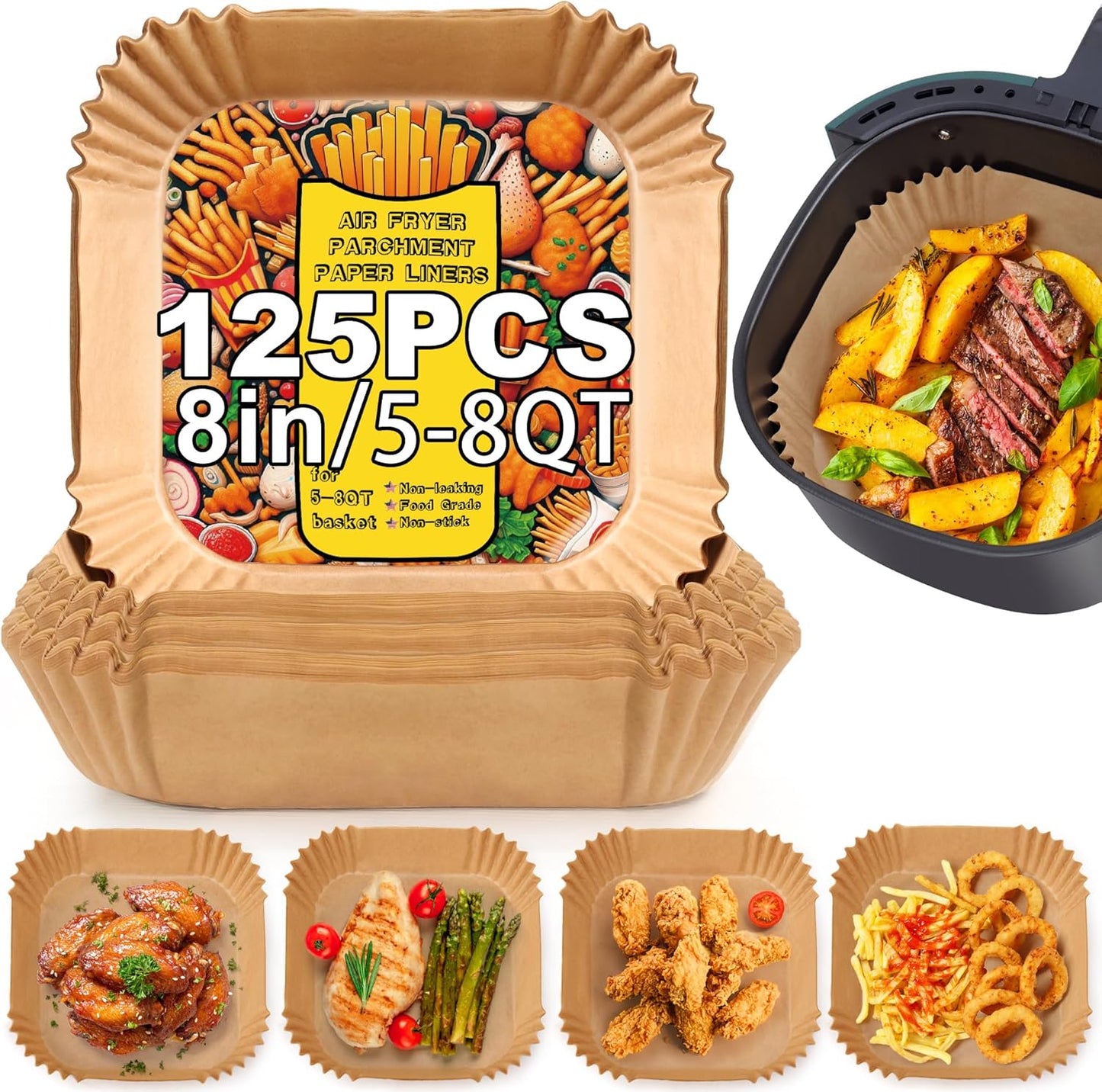 125PCS Oil-Proof Air Fryer Liners, Food-Grade 8IN Square Sheets - Easy Cleanup!